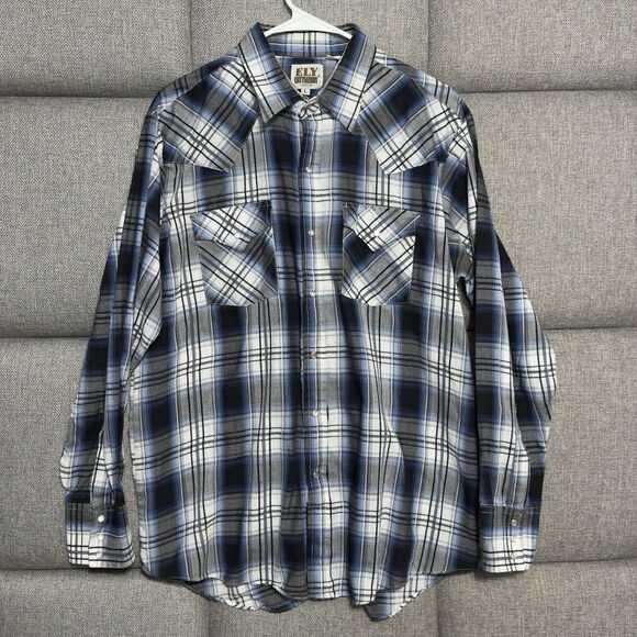 Ely Cattleman Mens Long Sleeve Pearl Snap Western Shirt L Blue Black Plaid - Picture 1 of 15